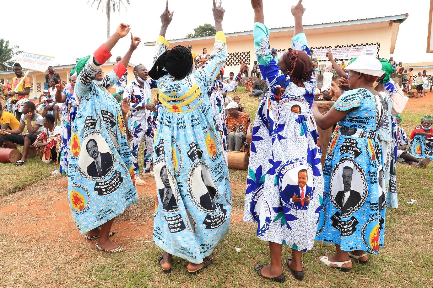 Women activists dancing and singing at a meeting of the Rassemblement Démocratique du Peuple Camerounais, political party of the actual president Paul Biya, in Ayos, a town situated at 403 kms from the capital Yaoundé, during the 2018 presidential electoral campaign.  